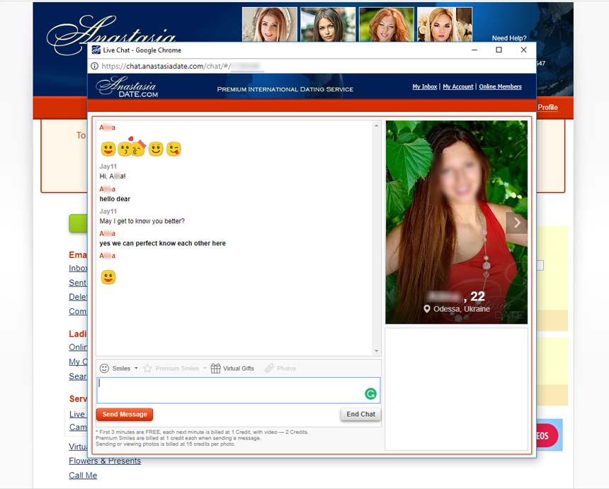 Chat conversation on Anastasia.com’s via floating chatbox