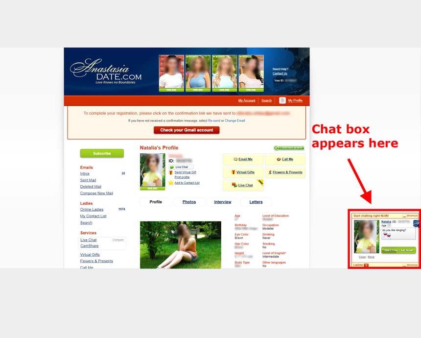 Anastasia.com’s floating chat box at the corner