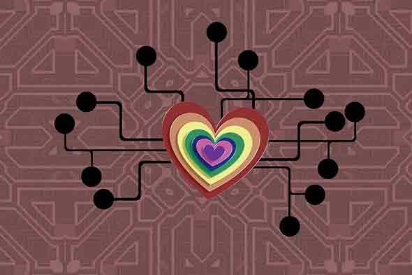 Heart being surrounded by circuitry.
