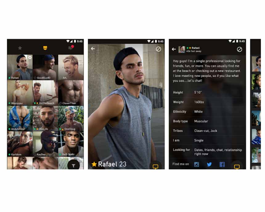 Grindr’s interface, photo, and profiles