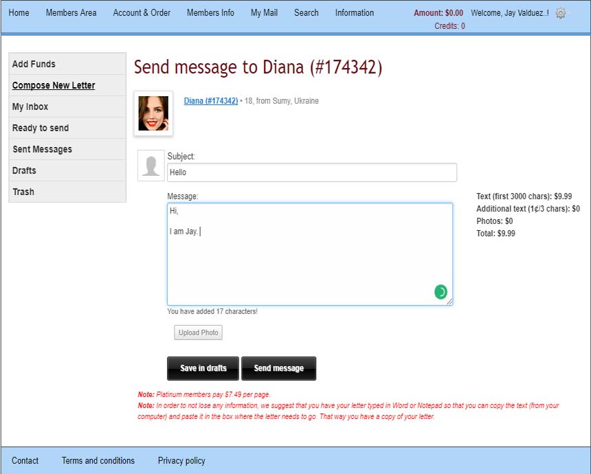 Loveme.com’s write a message window to profile named Diana