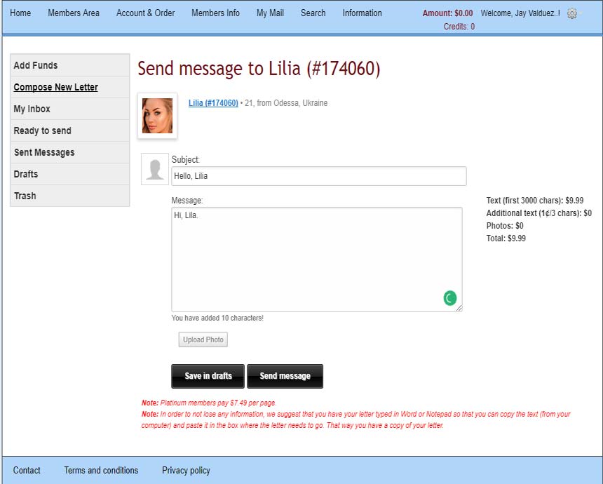Loveme.com’s write a message window to profile named Lilia
