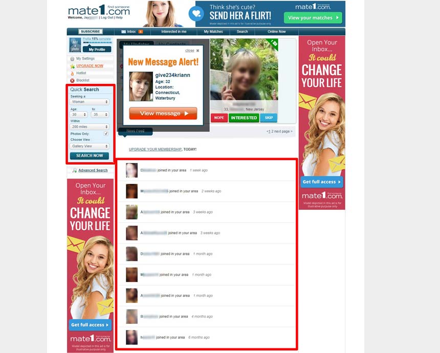 Mate1.com’s local search box and newly registered members