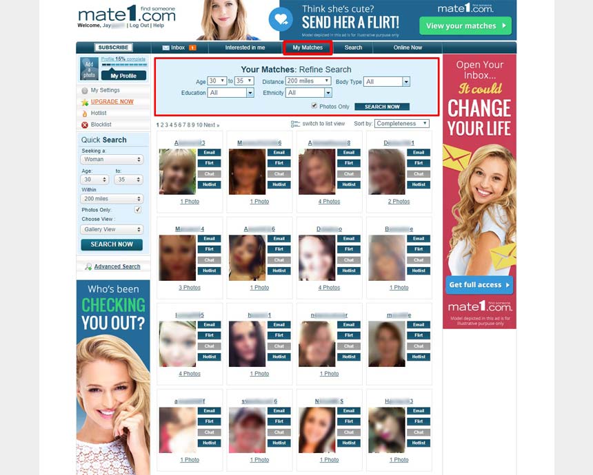Mate1.com’s “My Matches” page
