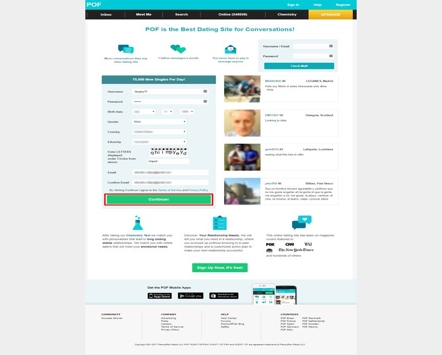 PlentyofFish.com’s front registration page